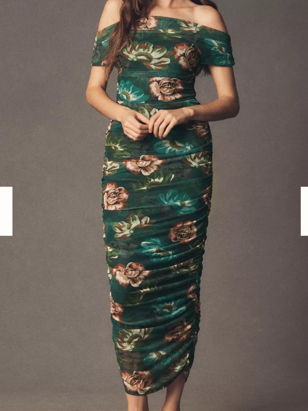 BHLDN Off-Shoulder Gathered Stretch Mesh Slim Midi Dress Green Floral Pattern
